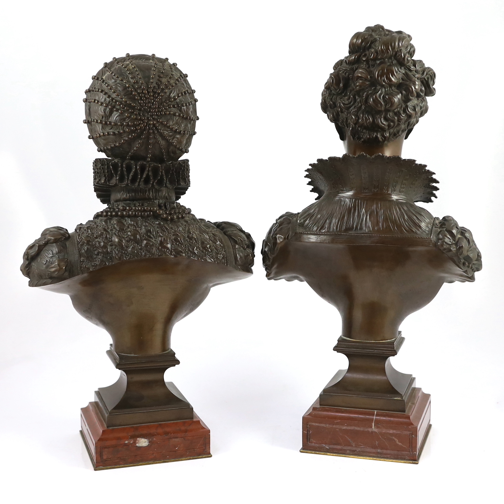 Mathurin Moreau (French, 1822-1912). A pair of bronze busts of Queen Elizabeth I and Marie de Medici, 50cm and 48cm high